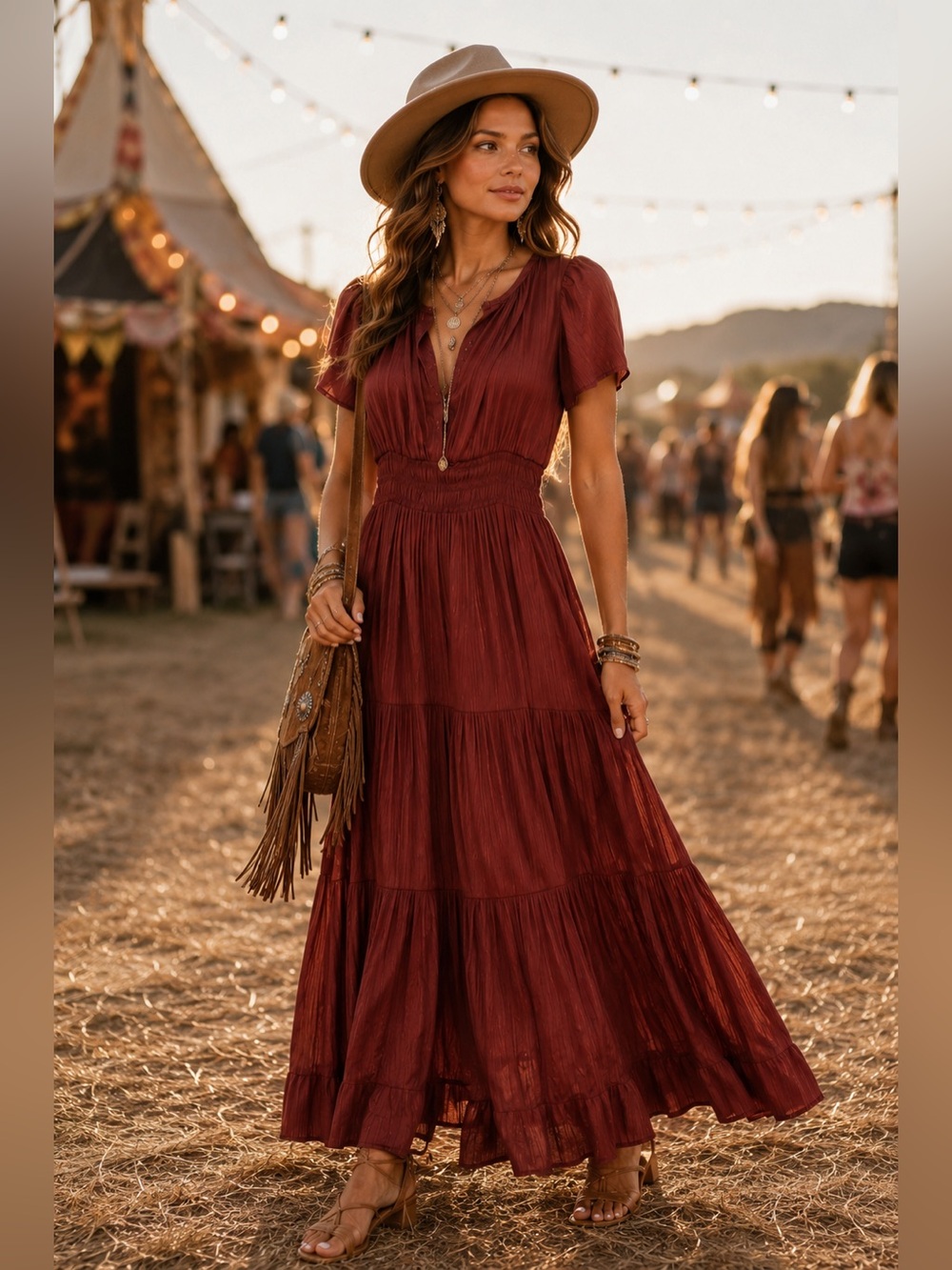 Anthropologie Rust Red Orange Boho Festival Maxi Dress Smocked Waist Ruffle
